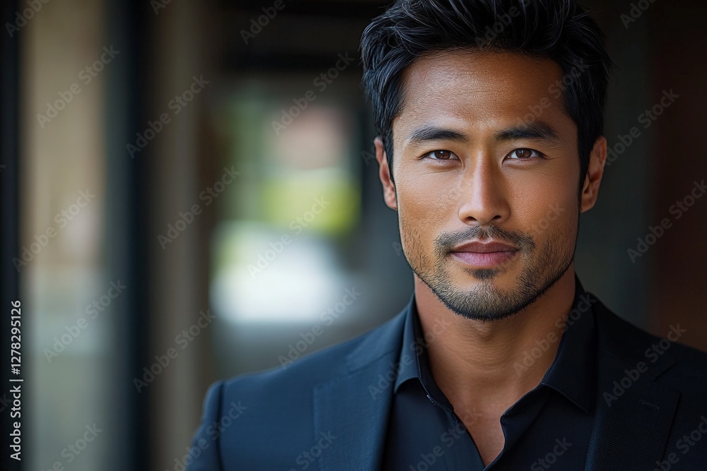 Fototapeta premium Handsome man in a black suit poses confidently in an urban setting during daylight