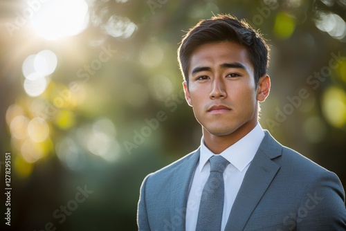 Confident young man in a suit poses outdoors during golden hour, showcasing professionalism and charm photo