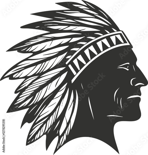Silhouette of a tribal chief with feathered headdress, black and white art.