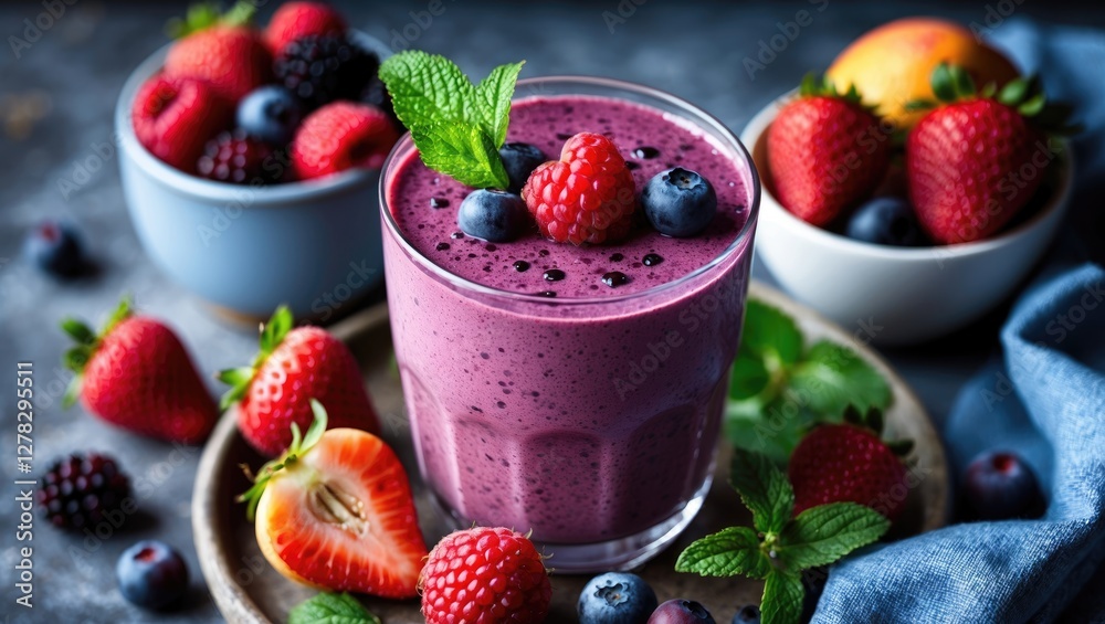 Vibrant Berry Smoothie in Glass Surrounded by Fresh Fruits and Mint Leaves on Rustic Table Setting Vibrant Berry Smoothie in Glass Surrounded by Fresh Fruits and Mint Leaves on Rustic Table Setting