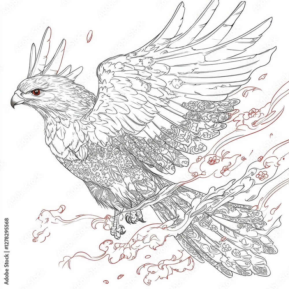 Fototapeta premium Ornate Hawk in Flight Detailed Line Art Illustration