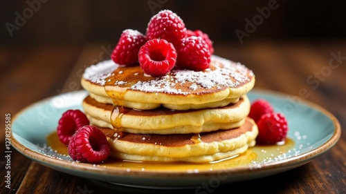 Tasty pancake with fresh raspberries and honey