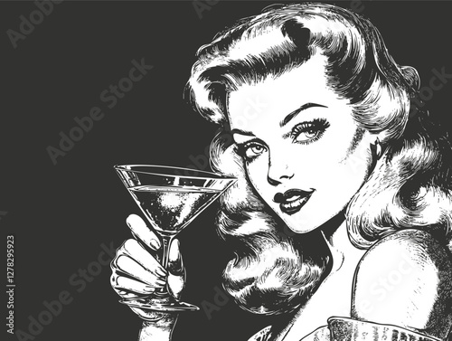 Vintage illustration of a glamorous woman holding a martini.