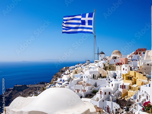 Greek Flag Waving Over Whitewashed Buildings