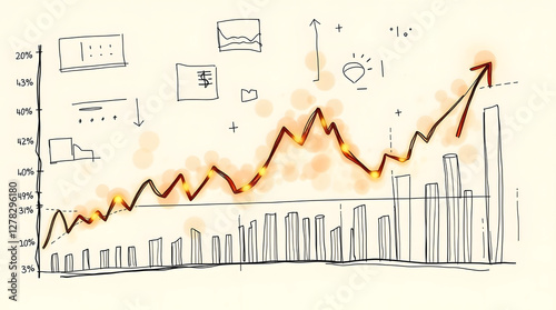 Hand-drawn sketch, stock market visualization with glowing charts, rising and falling prices, dynamic graphs