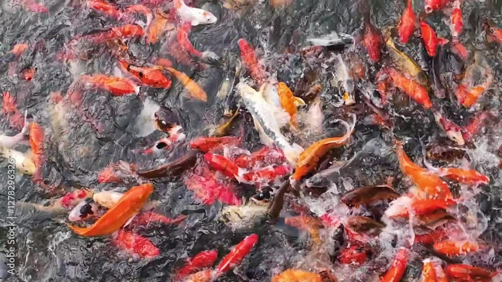 Japanese koi fish in pond. Beautiful and colorful plenty hungry Carp breed fish on the surface of water. Famous decoration aquatic animal in the pond. Japanese koi fish in pond. Beautiful and colorful plenty hungry Carp breed fish on the surface of water. Famous decoration aquatic animal in the pond.