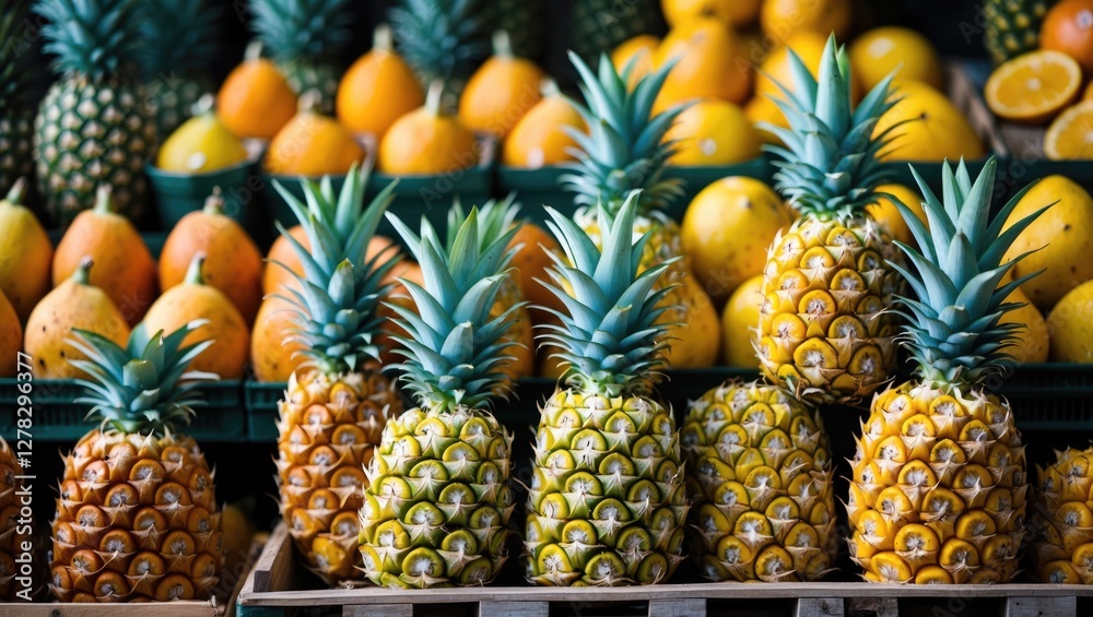Vibrant Fresh Pineapples Displayed at Market with Assorted Citrus Fruits and Space for Custom Text or Branding Vibrant Fresh Pineapples Displayed at Market with Assorted Citrus Fruits and Space for Custom Text or Branding