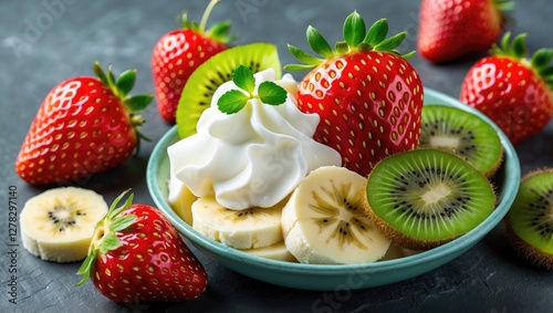 Refreshing fruit salad featuring strawberries, bananas, kiwis, and whipped cream in a vibrant setting with space for text or branding.
