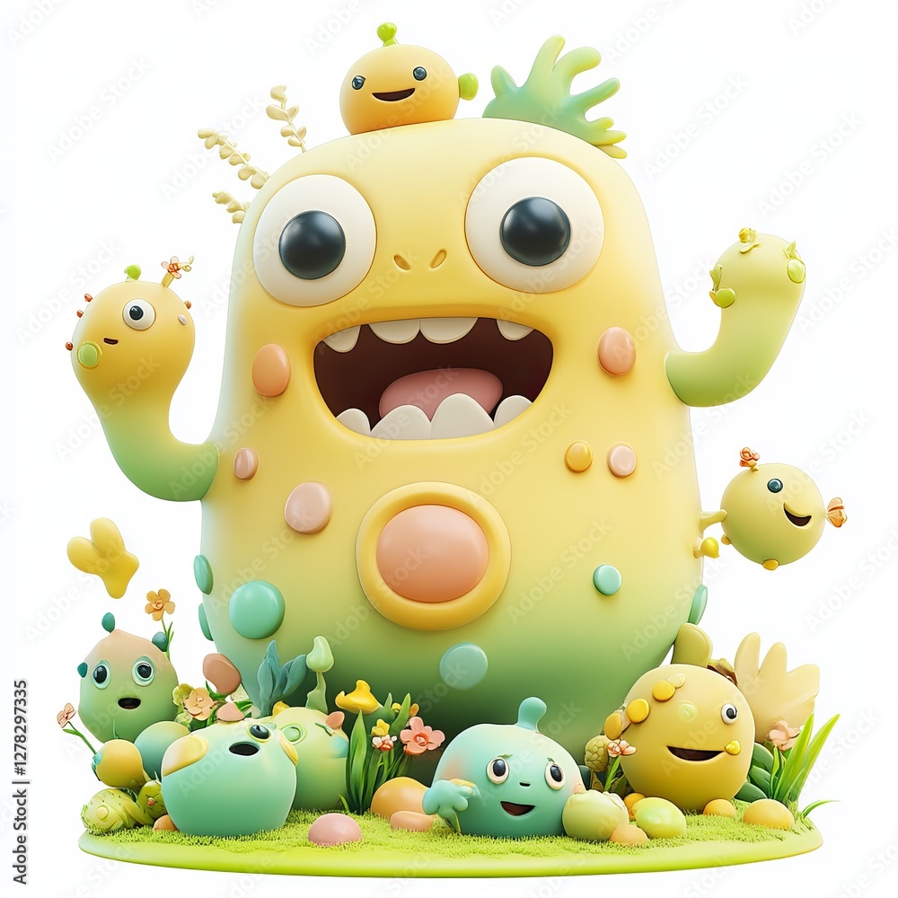 Naklejka premium Colorful 3D Monster Character in Playful Scene on White Background