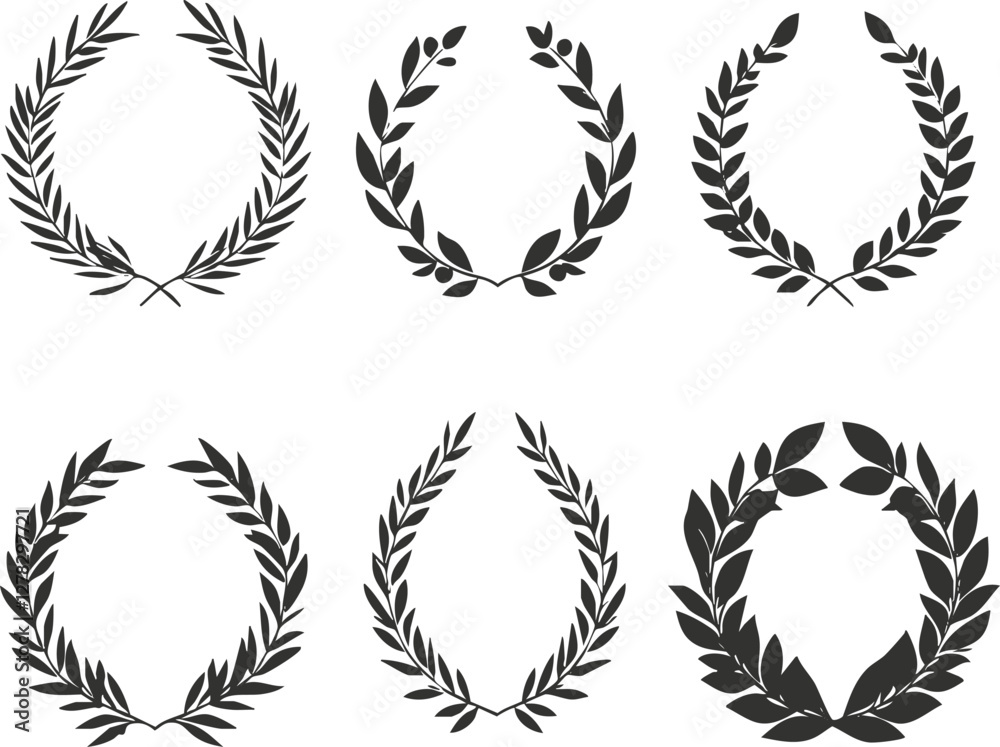 Set of six black laurel wreath designs symbolizing victory and achievement. Set of six black laurel wreath designs symbolizing victory and achievement.