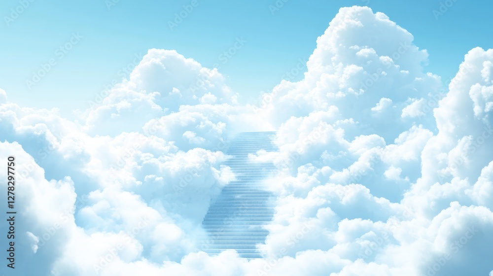 A serene sky view featuring fluffy white clouds surrounding an ethereal staircase leading up into the bright blue sky. A serene sky view featuring fluffy white clouds surrounding an ethereal staircase leading up into the bright blue sky.