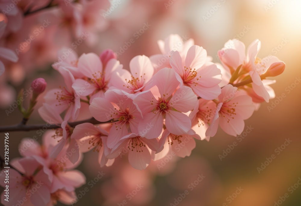 Fototapeta premium Close-up of a cluster of pink cherry blossoms in full bloom on a branch with delicate petals and prominent stamens against a softly blurred background creating a warm bokeh effect 