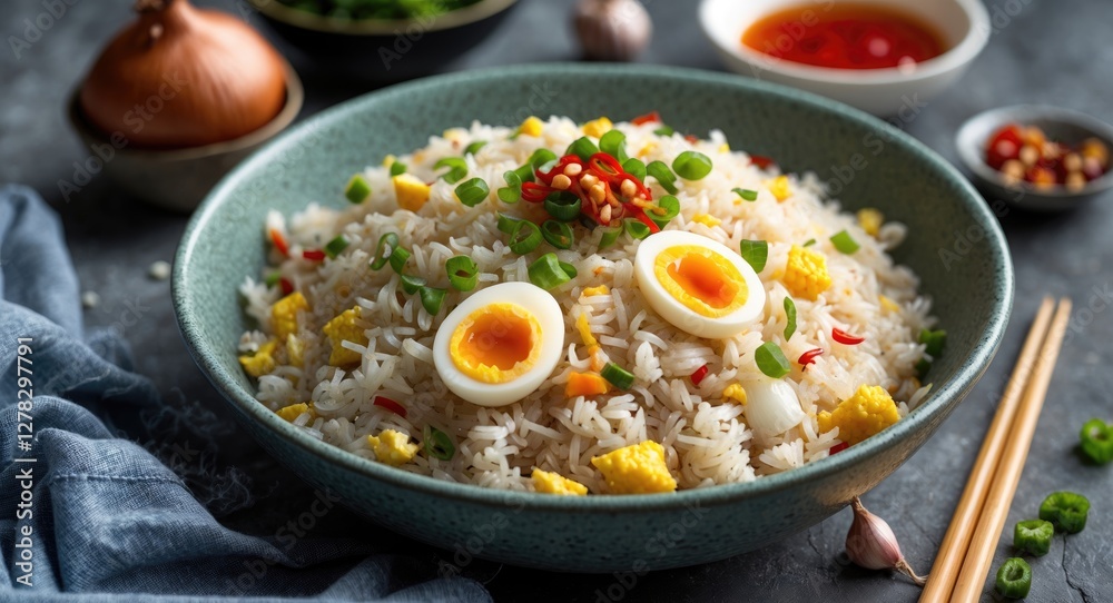 Delicious Fried Rice with Eggs, Vegetables, and Green Onions in a Bowl Garnished with Chili and Soy Sauce on a Rustic Table Setting Delicious Fried Rice with Eggs, Vegetables, and Green Onions in a Bowl Garnished with Chili and Soy Sauce on a Rustic Table Setting