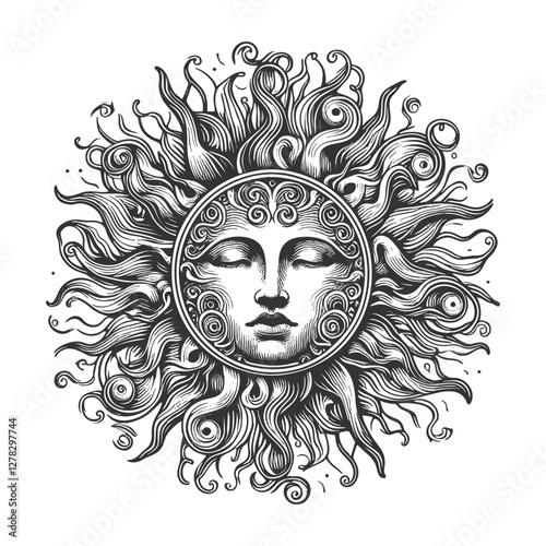 Sun Face Illustration with Radiant Flames vector