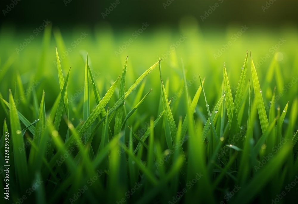 Fototapeta premium Close-up view of vibrant green grass blades with glistening dew drops under warm sunlight and softly blurred background perfect for nature and freshness themes