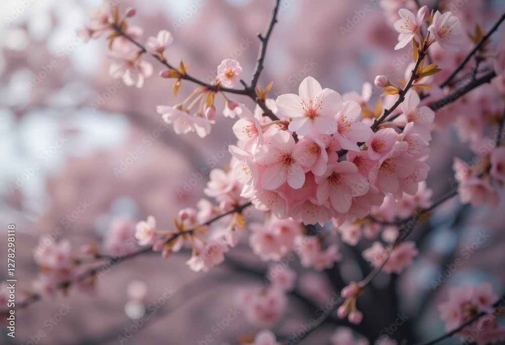 Obraz premium Close-up view of light pink cherry blossoms in full bloom on a branch with delicate petals and yellow stamens against a softly blurred background perfect for capturing the essence of springtime beauty