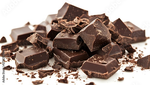 Dark chocolate chunks, close-up, white background, food photography photo