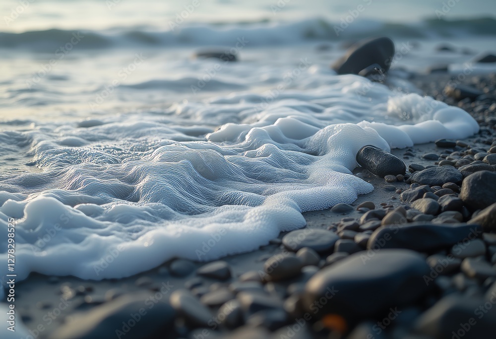 Obraz premium Foamy ocean waves gently caressing the smooth pebbles on a tranquil beach, capturing the intricate lace-like patterns of the sea foam against the wet sand, perfect for nature and coastal-themed design