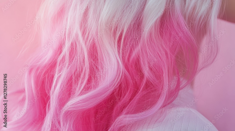 Obraz premium A close-up of a woman with long, wavy hair featuring a striking gradient of white to vibrant pink, set against a soft pink background.
