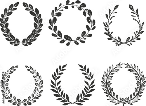 Vector illustration of six decorative laurel wreaths symbolizing victory and achievement.