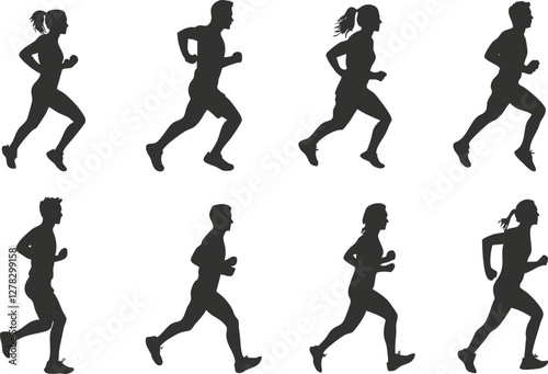 Silhouettes of people running, showcasing fitness and exercise activities.