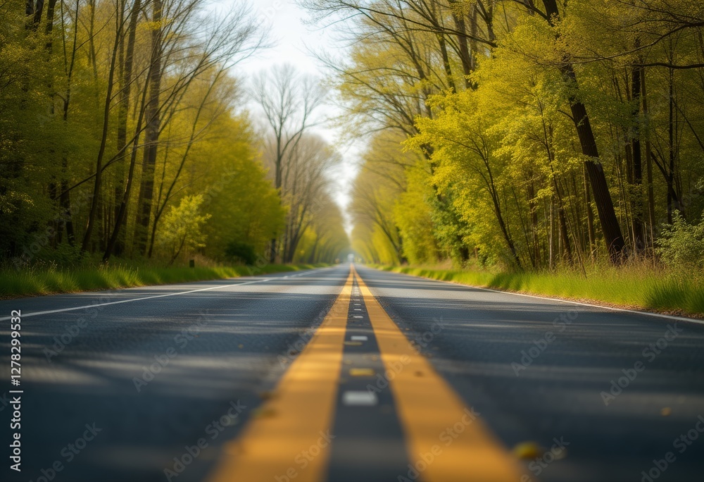 Fototapeta premium Serene straight road lined with vibrant autumn trees in various shades of orange, yellow, and red, with scattered leaves on the road surface, stretching into the distance under a clear sky
