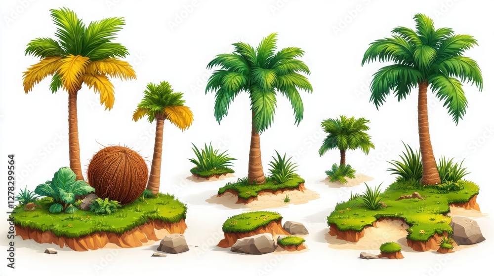 Obraz premium Cartoon palm trees on floating land pieces with rocks, sand, and greenery, designed in a tropical island theme.