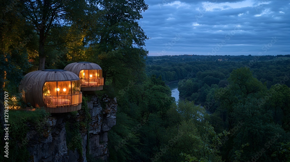 Fototapeta premium Elevated treehouses at dusk overlooking valley
