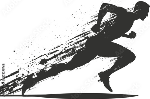 Silhouette of a runner in motion with dynamic brush stroke effect.