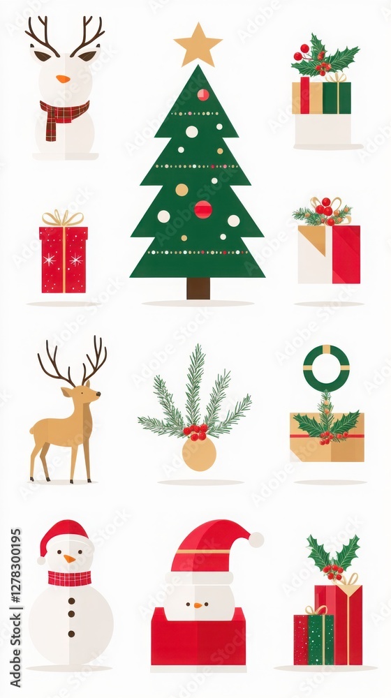 Minimalist Christmas icon set featuring festive elements such as Christmas trees, gift boxes, Santa Claus, reindeer, wreaths, and snowmen on a white background.
Minimalist Christmas icon set featuring festive elements such as Christmas trees, gift boxes, Santa Claus, reindeer, wreaths, and snowmen on a white background.
