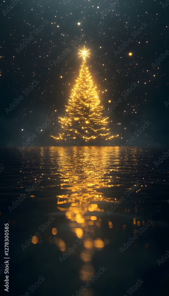 Naklejka premium Golden christmas tree reflected in water under a starry sky