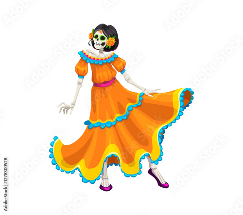 Mexican day of the dead dia de los muertos Catrin character dressed in bright orange dress, celebrating traditional event. Skeleton dancer woman exudes festive spirit with an artistic vibe