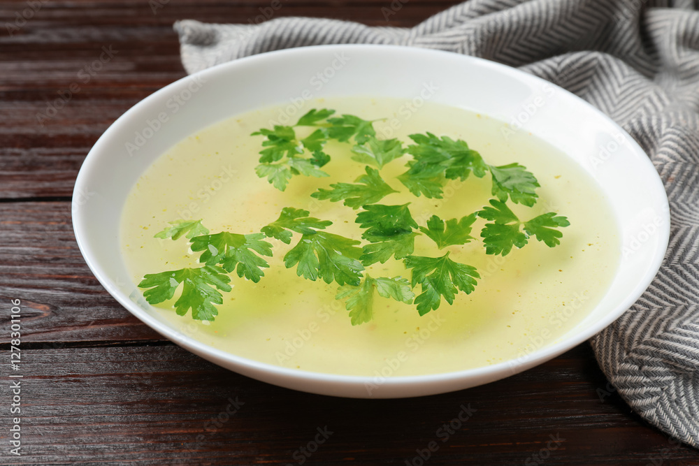 Tasty chicken bouillon in bowl on wooden table, closeup Tasty chicken bouillon in bowl on wooden table, closeup