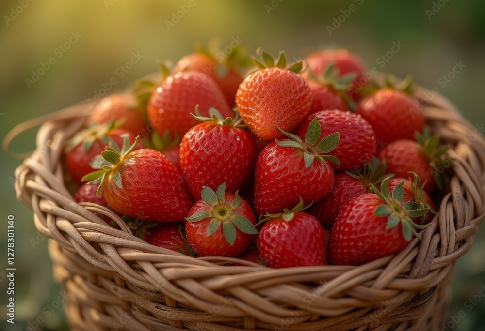 Close-up of a basket filled with fresh, ripe strawberries with vibrant red color and green leaves, showcasing their natural beauty and appeal Close-up of a basket filled with fresh, ripe strawberries with vibrant red color and green leaves, showcasing their natural beauty and appeal