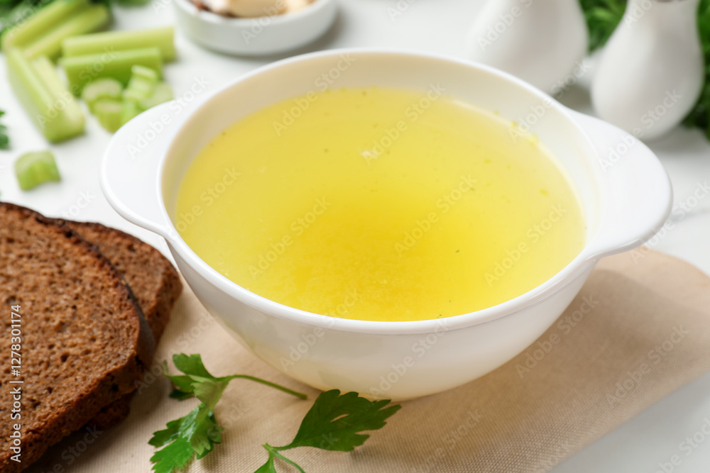 Tasty chicken bouillon in bowl served on white table, closeup Tasty chicken bouillon in bowl served on white table, closeup