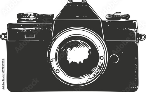 Vintage camera illustration in black and white with a classic design.