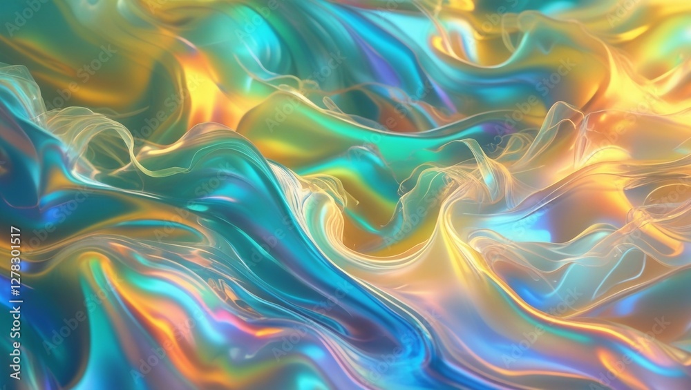 Fototapeta premium Vibrant, swirling fluid background with iridescent hues of blues and greens,gradually shifting to warm tones of yellows and oranges
