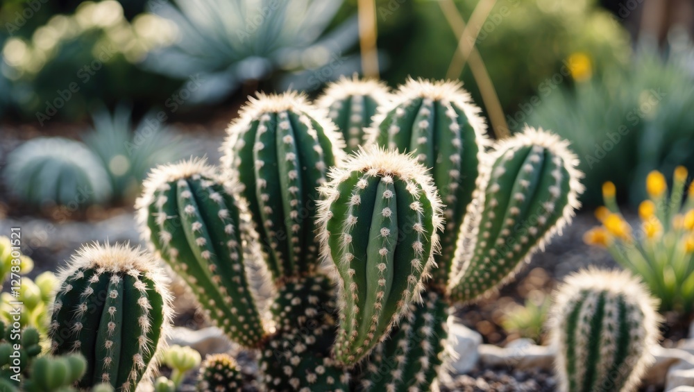 Vibrant Green Cacti Cluster in Summer Garden with Soft Focus on Succulent Plants and Lush Tropical Background Vibrant Green Cacti Cluster in Summer Garden with Soft Focus on Succulent Plants and Lush Tropical Background