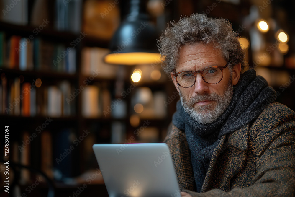 Man working on laptop in cozy library setting. Man working on laptop in cozy library setting.