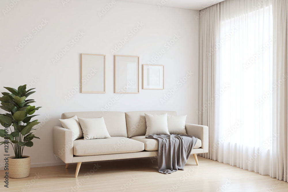 Modern living room beige sofa window side table potted plant Modern living room beige sofa window side table potted plant