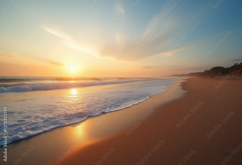 Fototapeta premium Serene beach scene at sunset with gentle waves rolling onto the shore and golden light reflecting off the sand and water creating a peaceful atmosphere