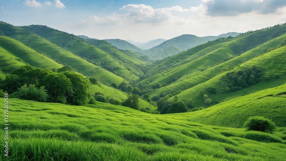 Naklejka premium Lush Green Hills Landscape Under Clear Blue Skies with Expansive Space for Text or Graphics