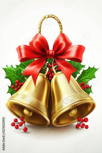 Golden Christmas bells with a red bow, holly leaves, and berries, arranged in a festive composition on a light background.

