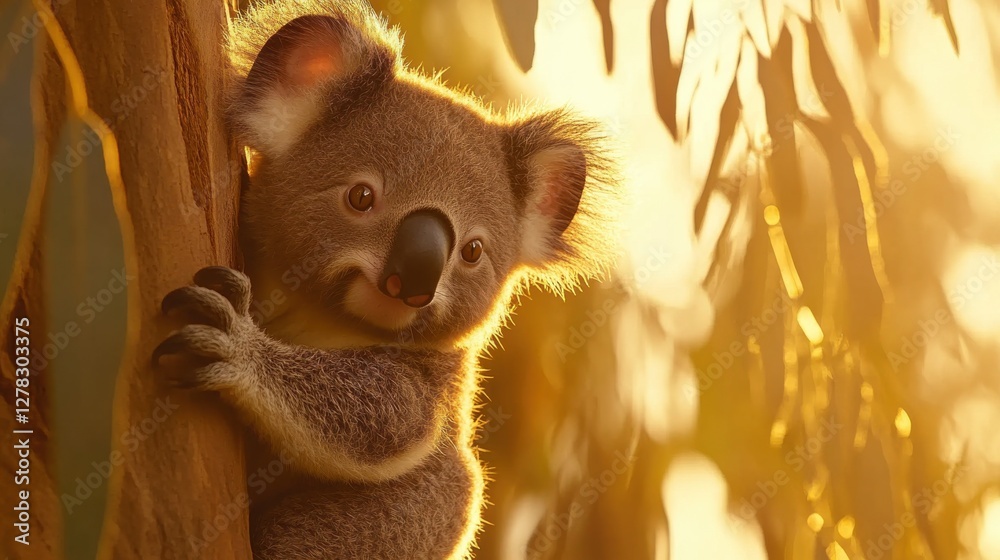 Adorable Koala Climbing Tree in Warm Golden Light at Sunset Adorable Koala Climbing Tree in Warm Golden Light at Sunset