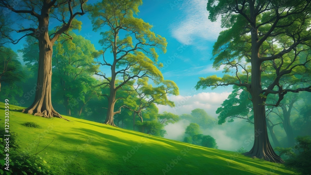 Lush Green Hillside Clearing Surrounded By Tall Trees Under A Clear Blue Sky Ideal For Nature And Landscape Themes Lush Green Hillside Clearing Surrounded By Tall Trees Under A Clear Blue Sky Ideal For Nature And Landscape Themes