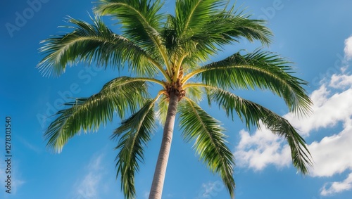 Wallpaper Mural Lush Green Palm Tree Against a Bright Blue Sky with Puffs of White Clouds Perfect for Tropical Themes and Vacation Imagery Torontodigital.ca