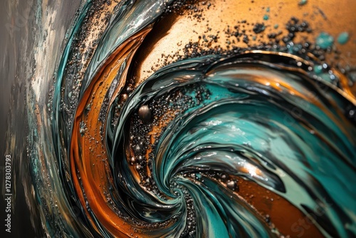 abstract fluid art painting with swirling metallic colors, deep teals and copper tones creating dynamic movement and depth photo