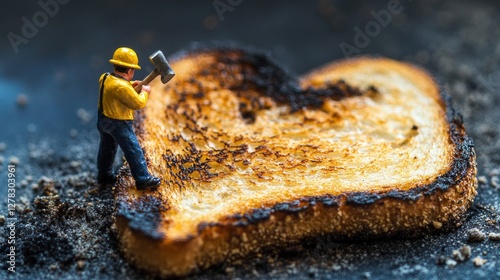 Miniature Worker Repairing Burnt Toast