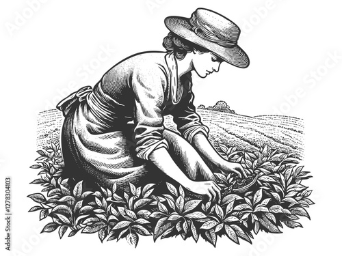 woman harvesting tea leaves vector illustration