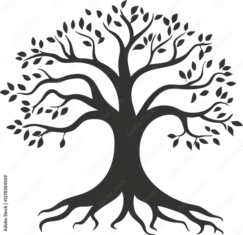 Silhouette of a tree with branches, leaves, and roots on white background.
